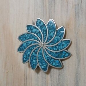 Blue Mosaic Flower Brooch Handmade In ALPACA, MEXICO